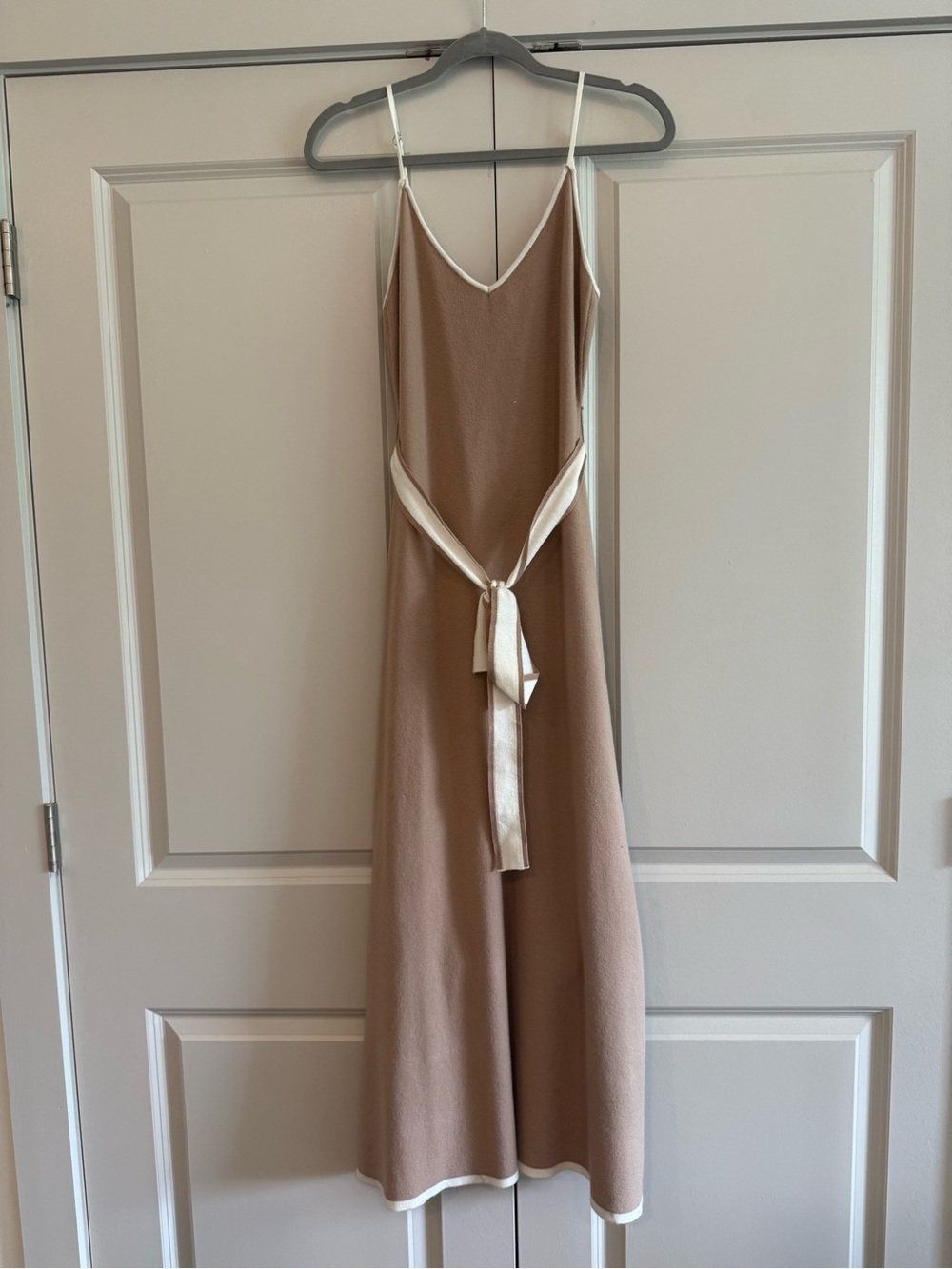 fab'rik Tan Sweater Midi Dress with Ivory Trim and Waist Sash